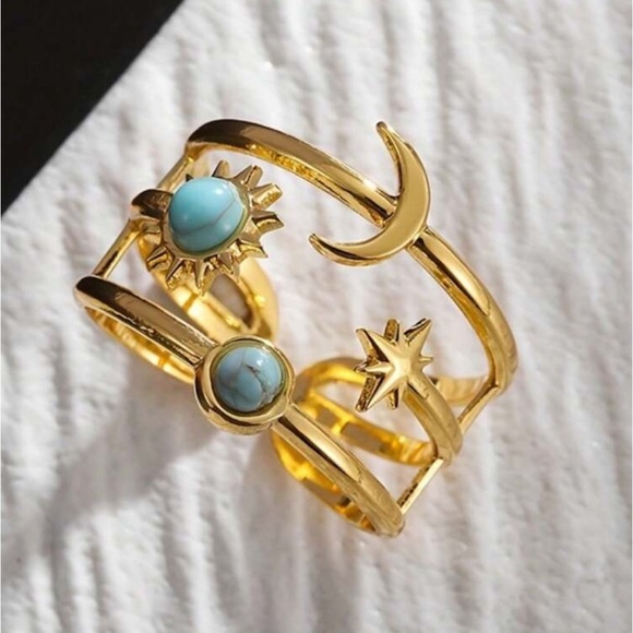 Gold & Turquoise Sun & Moon Ring – Vintage Style - Picture 4 of 6